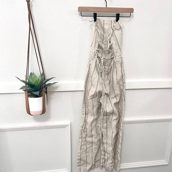 Reformation Jager Linen Natural Tan Black Stripe Jumpsuit Size 0 - Picture 5 of 8